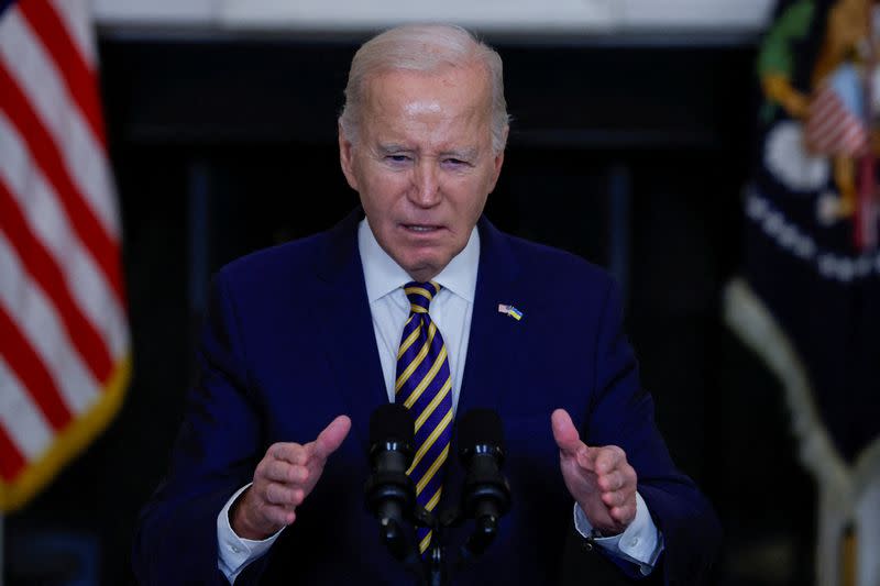 FILE PHOTO: U.S. President Biden delivers remarks urging Congress to pass the Emergency National Security Supplemental Appropriations Act, in Washington