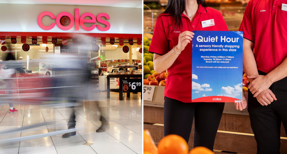 Left image outside a coles store with a shopper walking by. Right image of Coles staff holding new 'Quiet Hour' sign.