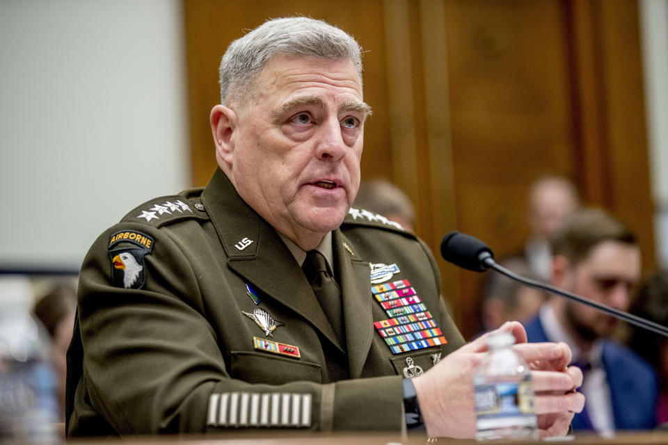 FILE - In this Feb. 26, 2020 file photo, Joint Chiefs of Staff Chairman Gen. Mark Milley speaks at a House Armed Services Committee hearing on Capitol Hill in Washington. The top U.S. military officer is telling Congress that the U.S. armed forces will have no role in carrying out the election process or resolving a disputed vote. The comments from Gen. Mark Milley, chairman of the Joint Chiefs of Staff, underscore the extraordinary political environment in America, where the president has declared without evidence that the expected surge in mail-in ballots will make the vote “inaccurate and fraudulent,” (AP Photo/Andrew Harnik)