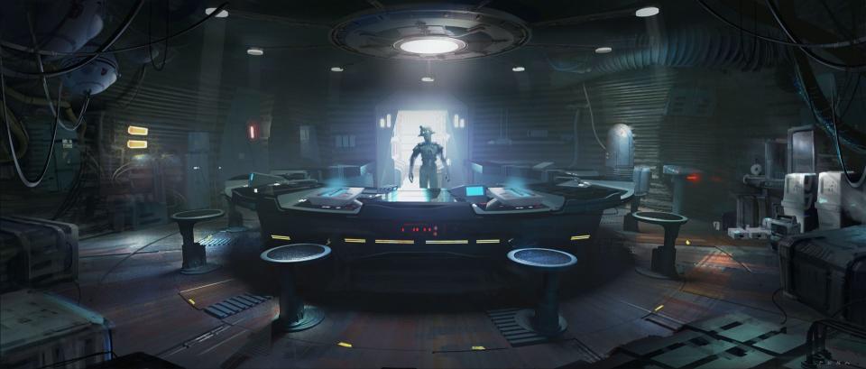 A droid (Huyang) stands behind a counter in concept art