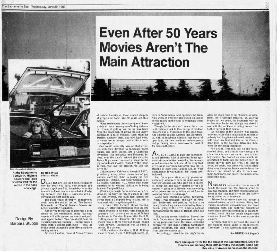 A story in the June 29, 1983, edition of The Sacramento Bee, highlights the decline in movie theater attractions.