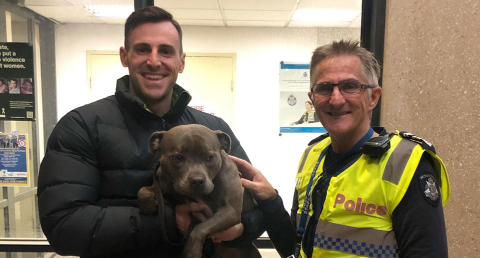 Pictured is Ava, a Staffordshire Bull Terrier, being held by her owner Steve Booth. Also pictured is a Victoria Police officer. Ava was stolen from a front yard in Port Melbourne on Sunday between 12.30pm and 1.15pm. She's since returned to her owner but the thief remains at large.