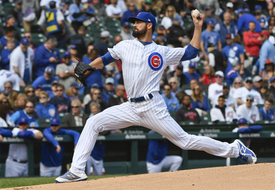 Chicago Cubs starting pitcher Cole Hamels (35) delivers during the first inning of a baseball game against the St. Louis Cardinals on Saturday, Sept. 29, 2018, in Chicago. (AP Photo/Matt Marton)