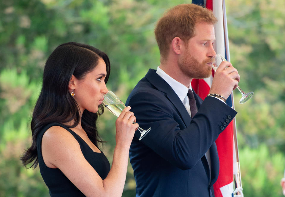 DUBLINE, IRELAND - JULY 10:  Prince Harry, Duke of Sussex and Meghan, Duchess of Sussex raise a toast as they attend a Summer Party at the British Ambassador's residence at Glencairn House during their visit to Ireland on July 10, 2018 in Dublin, Ireland.  (Photo by Pool/Samir Hussein/WireImage)