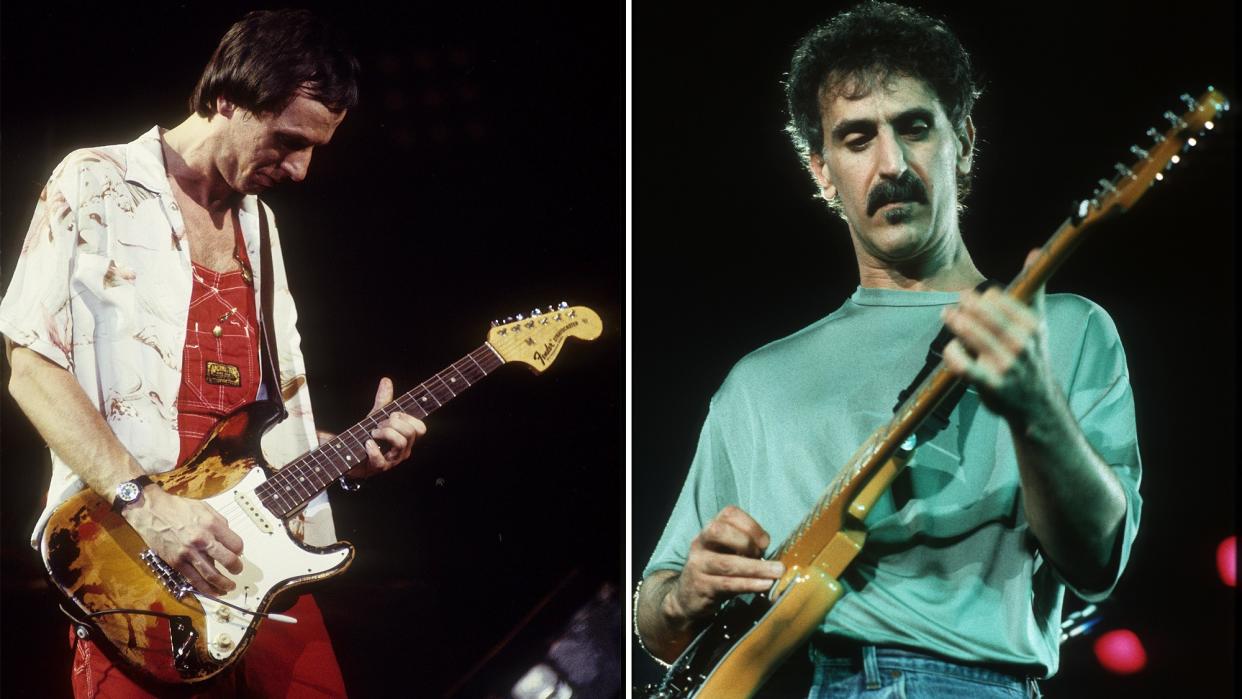  Adrian Belew (left) and Frank Zappa perform onstage. 