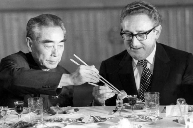 China's Premier Zhou En-lai and his guest, U.S. Secretary of State Henry Kissinger, attend a banquet in Beijing's Great Hall of the People on November 10, 1973. UPI File Photo