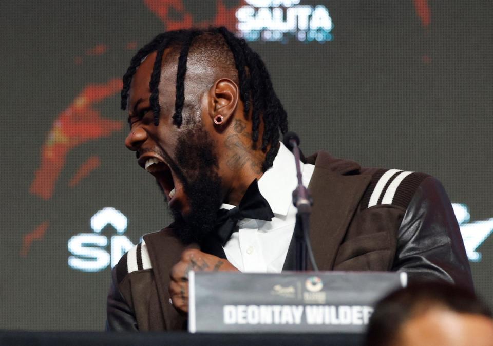 Wilder looking in Joshua’s direction at Wednesday’s press conference (Action Images via Reuters)