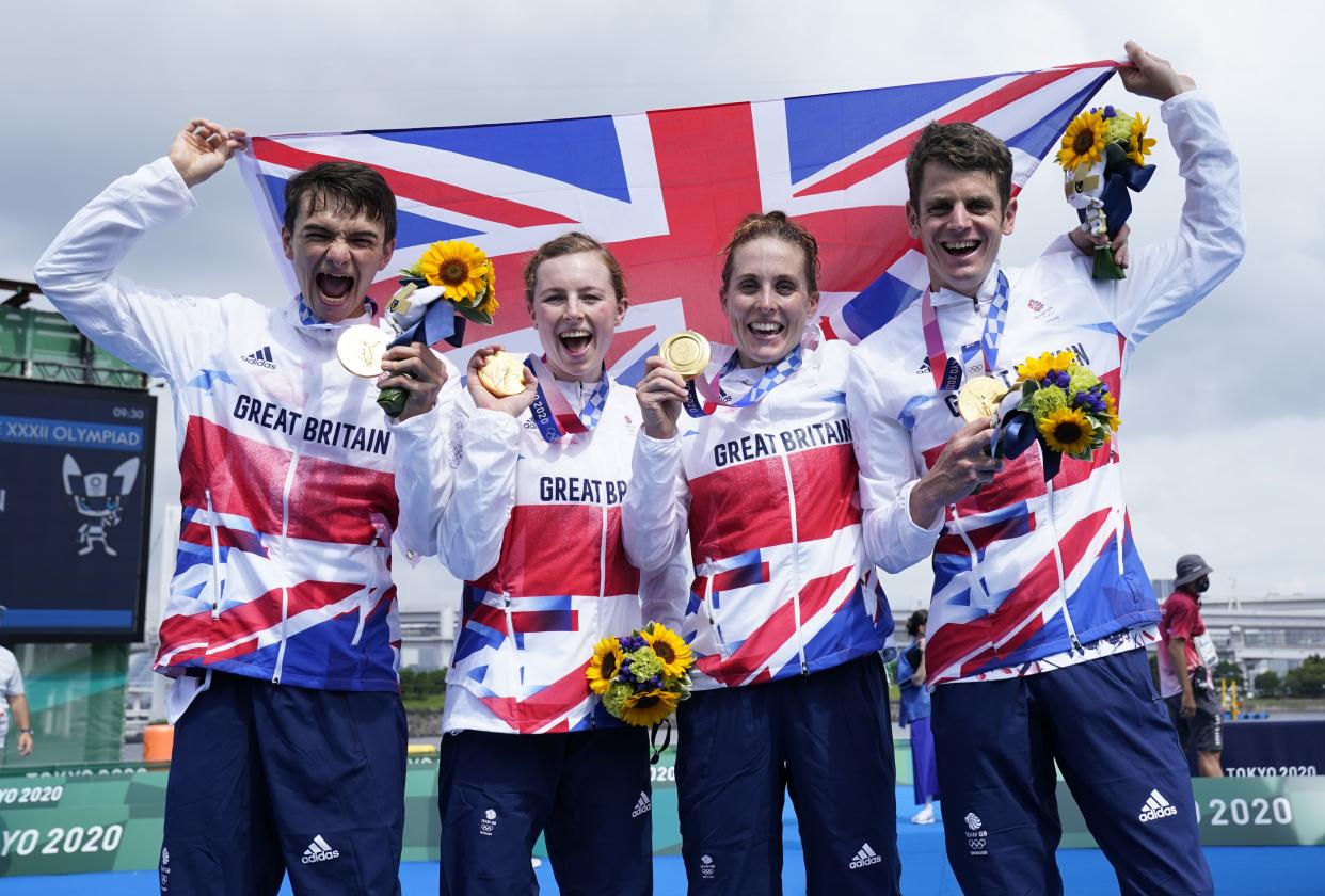 Britain’s victorious triathlon team of (left to right) Alex Yee, Georgia Taylor-Brown, Jess Learmonth and Jonny Brownlee (Danny Lawson/PA) (PA Wire)