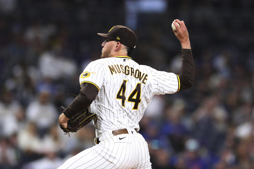 San Diego Padres starting pitcher Joe Musgrove delivers a pitch to a New York Mets batter during the fifth inning of a baseball game Saturday, June 5, 2021, in San Diego. (AP Photo/Derrick Tuskan)