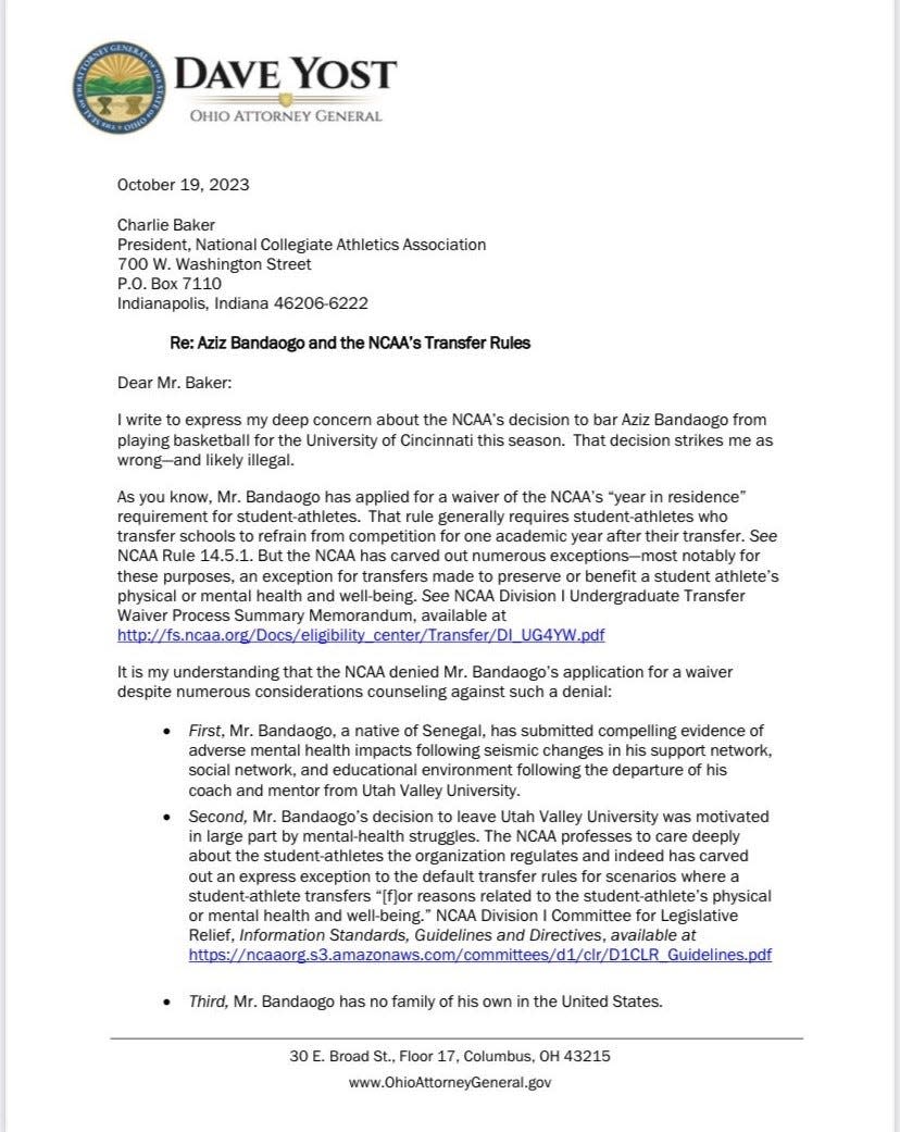 The four-page letter Ohio Attorney General Dave Yost sent to the NCAA on behalf of University of Cincinnati basketball player Aziz Bandaogo