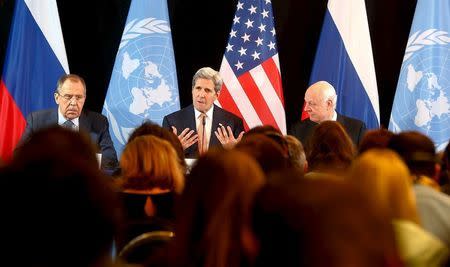 Russian Foreign Minister Sergei Lavrov, U.S. Secretary of State John Kerry and UN Special Envoy for Syria, Staffan de Mistura (L-R) attend a news conference after the International Syria Support Group (ISSG) meeting in Munich, Germany, February 12, 2016. REUTERS/Michael Dalder