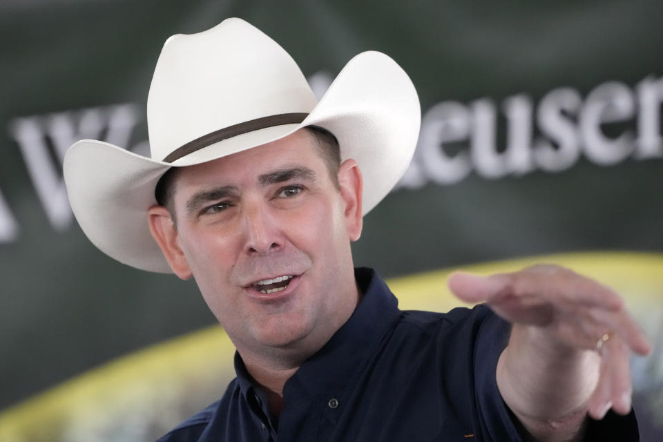 Mississippi's Republican Agriculture and Commerce Commissioner Andy Gipson addresses the crowd at the Neshoba County Fair in Philadelphia, Miss., Wednesday, July 26, 2023. (AP Photo/Rogelio V. Solis)