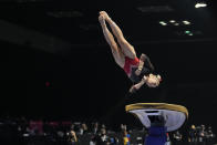 MyKayla Skinner performs a vault during the U.S. Classic gymnastics event in Indianapolis, Saturday, May 22, 2021. (AP Photo/AJ Mast)