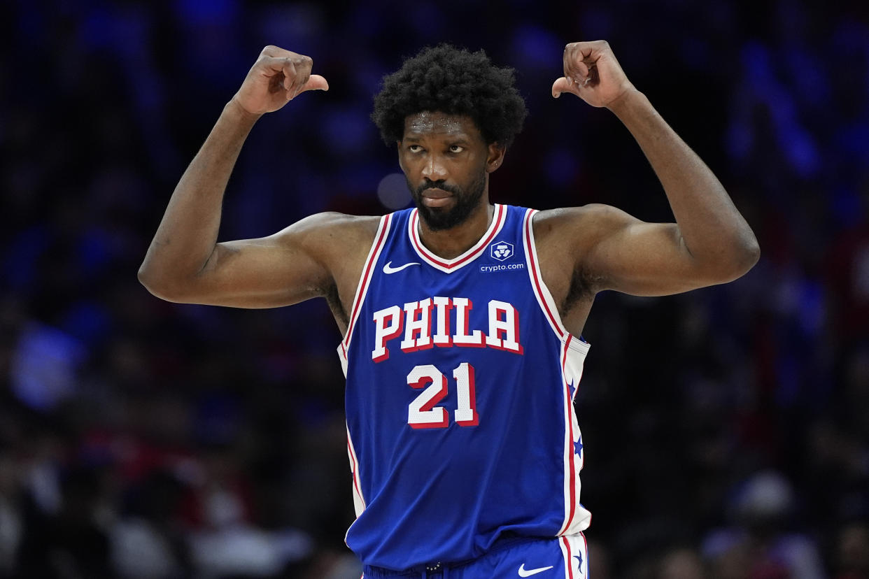 Philadelphia 76ers' Joel Embiid reacts during the second half of Game 3 in an NBA basketball first-round playoff series against the New York Knicks, Thursday, April 25, 2024, in Philadelphia. (AP Photo/Matt Slocum)