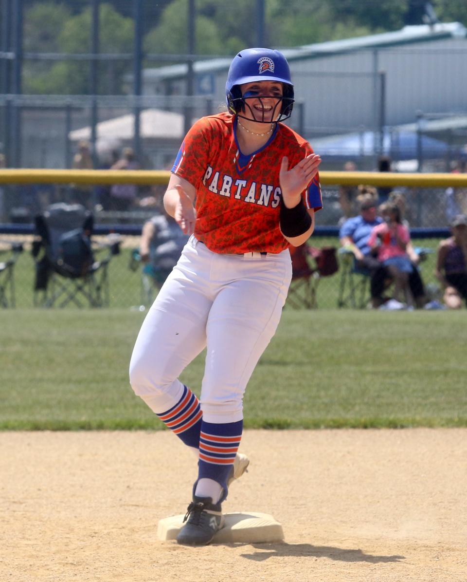 Thomas A. Edison's Kailey Ripley reacts after reaching second base during a 2-1 win over Elmira Notre Dame in the Section 4 Class C softball championship game May 27, 2023 at the Holding Point Recreation Complex in Horseheads.