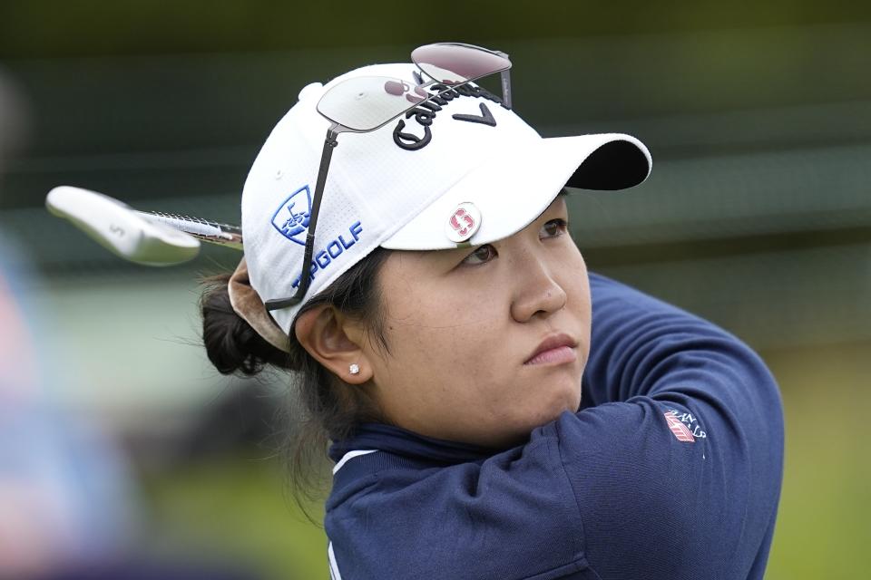 Rose Zhang watches her tee shot on the fifth hole during a practice round for the U.S. Women's Open golf tournament at the Pebble Beach Golf Links, Tuesday, July 4, 2023, in Pebble Beach, Calif. (AP Photo/Darron Cummings)