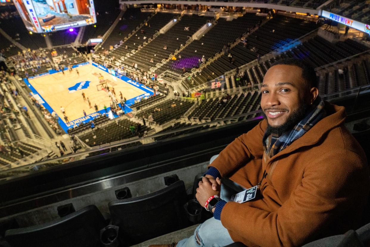 Marquette University junior Christian Golden is shown before Milwaukee Bucks game against the Denver Nuggets Wednesday, January 25, 2023 at Fiserv Forum in Milwaukee, Wis. He has a fellowship with the Bucks in their new fellowship program, aimed to teach students what it is like to work in the sports industry.