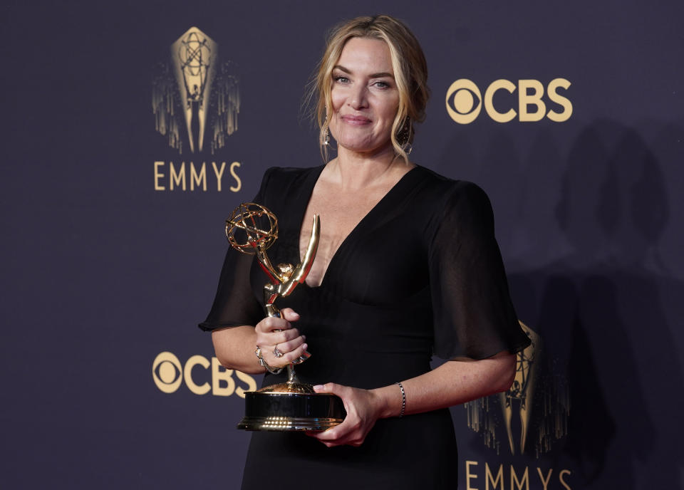 FILE - Kate Winslet, winner of the award for outstanding lead actress in a limited or anthology series or movie for "Mare of Easttown" poses at the 73rd Primetime Emmy Awards on Sunday, Sept. 19, 2021, at L.A. Live in Los Angeles. Winslet turns 47 on Oct. 5. (AP Photo/Chris Pizzello, File)