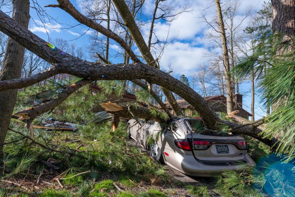 A tree lays on top of car a day after a tornado passed through the Greenwood area on April 1, 2023.