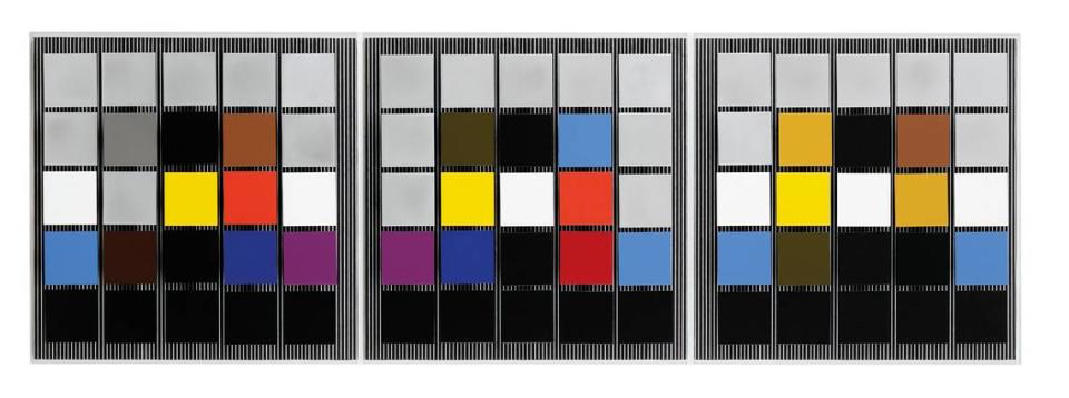 “Tríptico color”, 1981, 52 x 156 x 17 cm. Foto André Morain, Archives Soto/Cortesía Ascaso Gallery, Miami