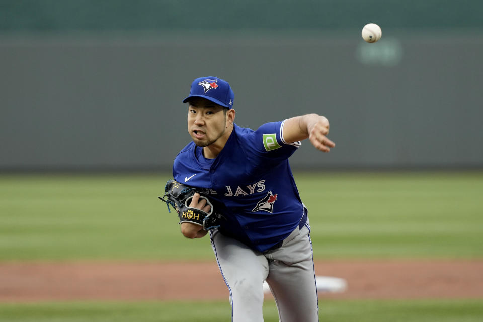 Toronto Blue Jays starting pitcher Yusei Kikuchi throws during the first inning of a baseball game against the Kansas City Royals Monday, April 22, 2024, in Kansas City, Mo. (AP Photo/Charlie Riedel)