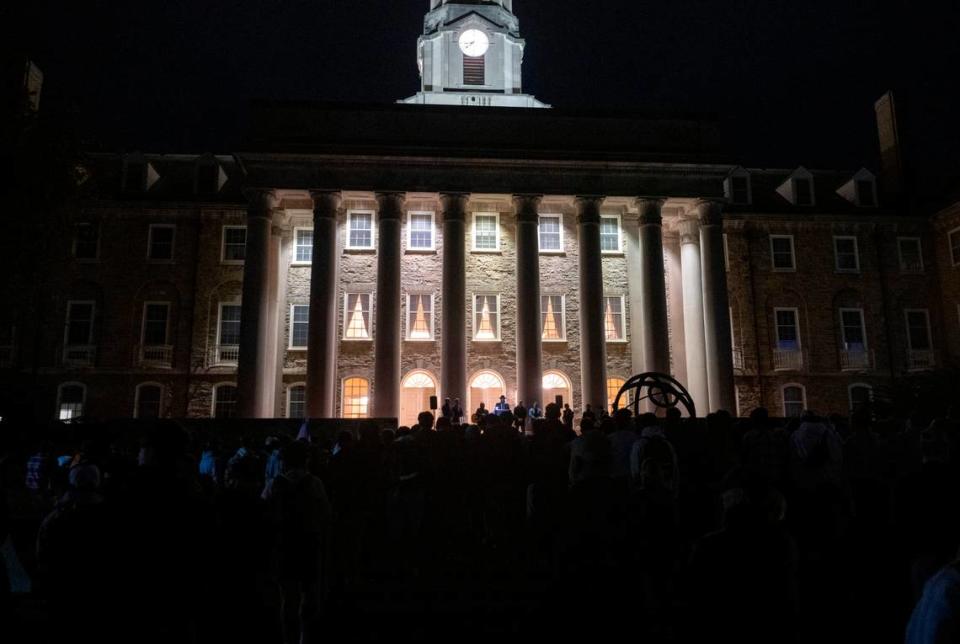 Hundreds of people gathered outside of Old Main to pray and show support for Israel on Tuesday, Oct. 10, 2023.