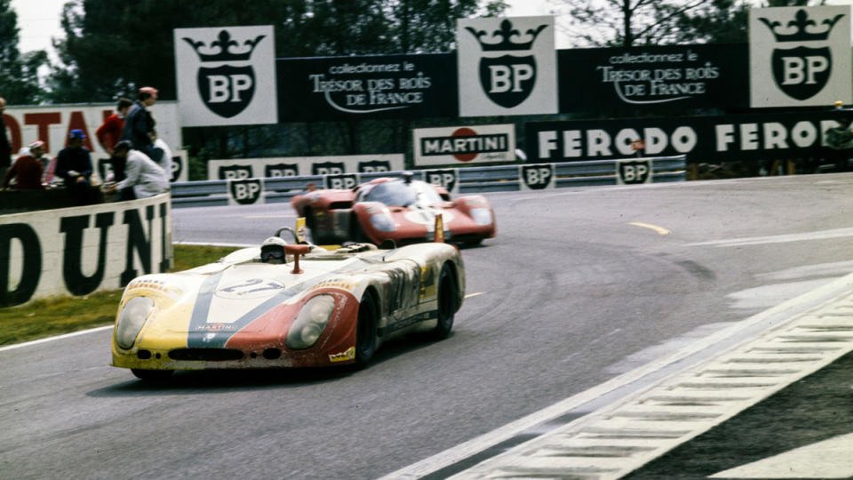 A 1969 Porsche 908/02 "Langheck Flunder" Spyder racing in period.