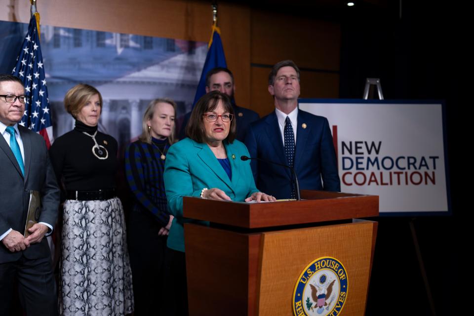 Rep. Annie Kuster, D-N.H., chair of the New Democrat Coalition, is joined by members as she discusses new legislation on immigration reform and border security, at the Capitol in Washington, Thursday, Feb. 15, 2024.