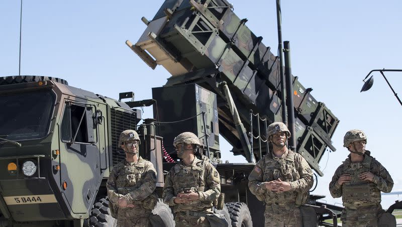 Members of U.S. 10th Army Air and Missile Defense Command stand next to a Patriot surface-to-air missile battery during the NATO multinational ground-based air defense units exercise “Tobruq Legacy 2017” at the Siauliai airbase some 230 km. (144 miles) east of the capital Vilnius, Lithuania, on July 20, 2017. Ukraine’s defense minister said Wednesday, April 19, 2023, his country has received U.S-made Patriot surface-to-air guided missile systems it has long craved and which Kyiv hopes will help shield it from Russian strikes during the war.