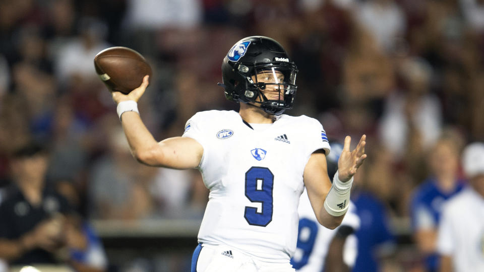 Eastern Illinois quarterback Chris Katrenick (9) attempts pass during the second half of an NCAA college football game against South Carolina, Saturday, Sept. 4, 2021, in Columbia, S.C. (AP Photo/Hakim Wright Sr.)