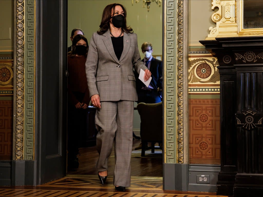 US Vice President Kamala Harris arrives to swear in Mark Brzezinski as the United States Ambassador to Poland in the Vice President's Ceremonial Office in the Eisenhower Executive Office Building in Washington, DC (EPA)