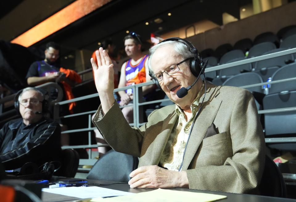 Phoenix Suns announcer Al McCoy waves while signing off after Game 6 of the Western Conference semifinals against the Denver Nuggets at Footprint Center on May 11, 2023.