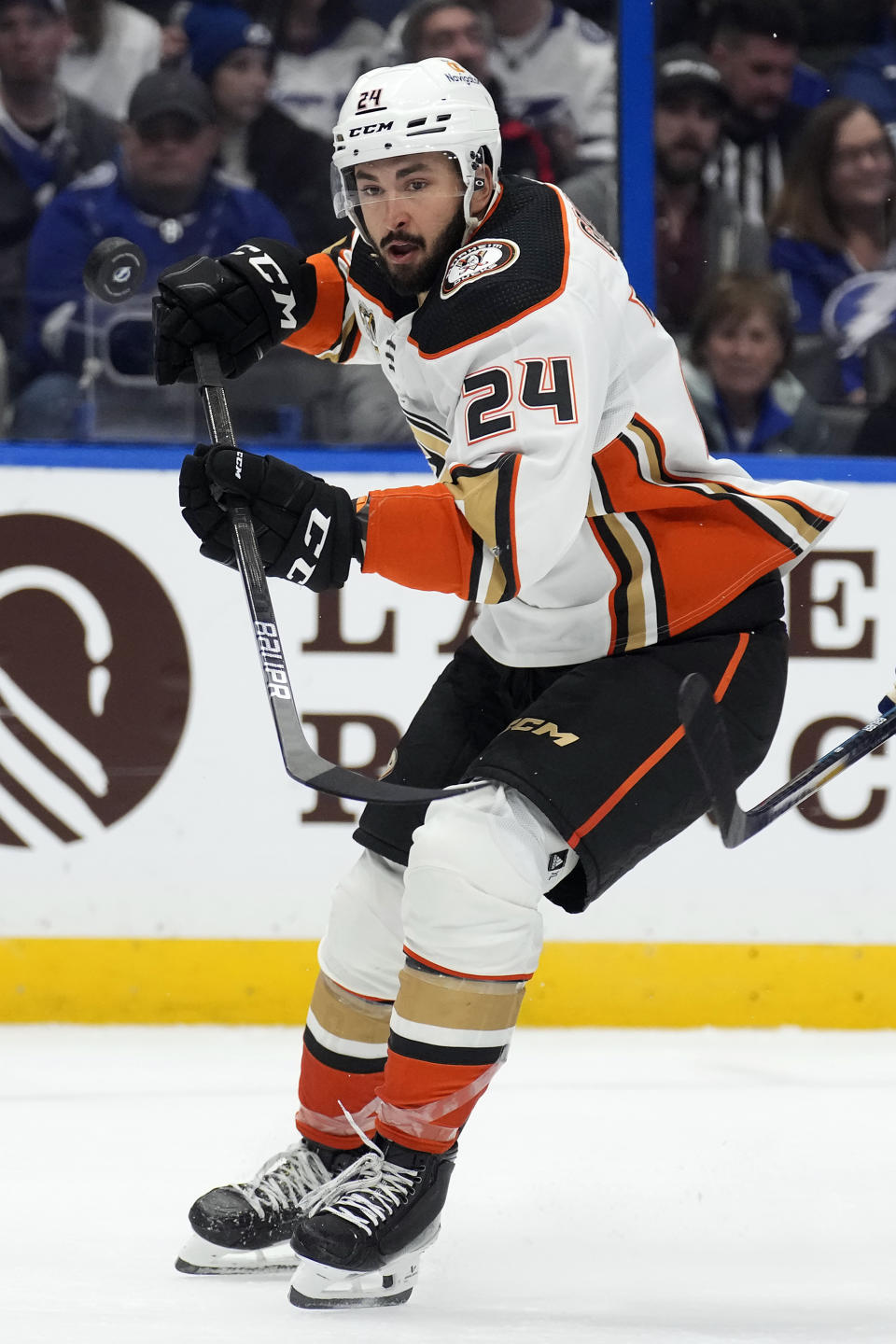 Anaheim Ducks center Bo Groulx (24) deflects a shot against the Tampa Bay Lightning during the third period of an NHL hockey game Saturday, Jan. 13, 2024, in Tampa, Fla. (AP Photo/Chris O'Meara)