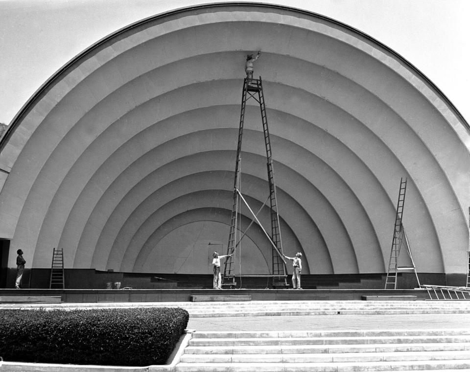 The Hollywood Bowl shell being painted.