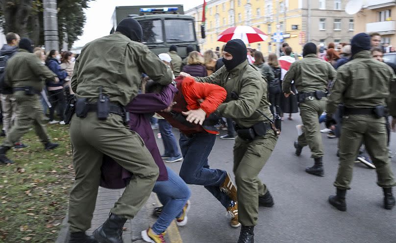 Police officers detain protesters during a rally in support of opposition talks with Lukashenko on September 8, 2020.