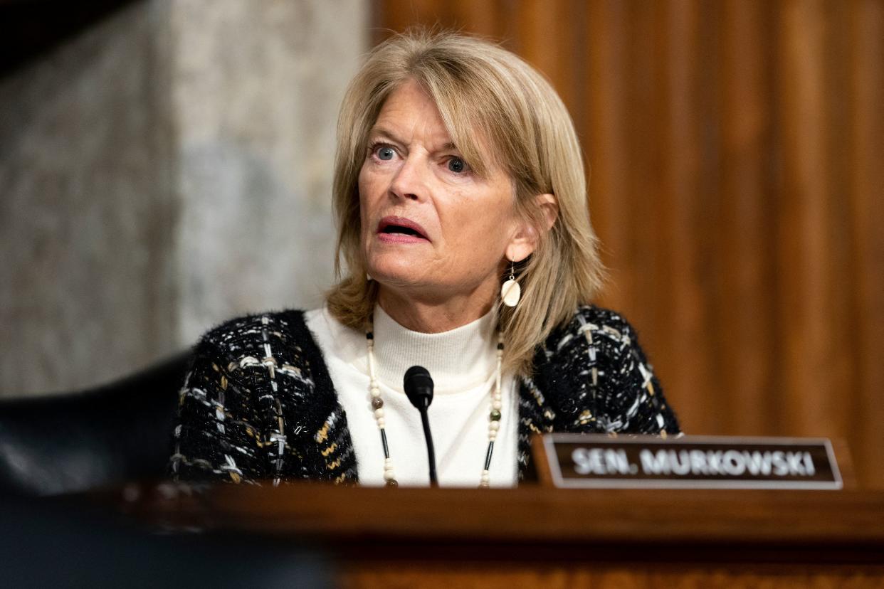 Sen. Lisa Murkowski asks questions during a Senate Health, Education, Labor, and Pensions Committee hearing to examine the federal response to COVID-19 and new emerging variants on Capitol Hill.