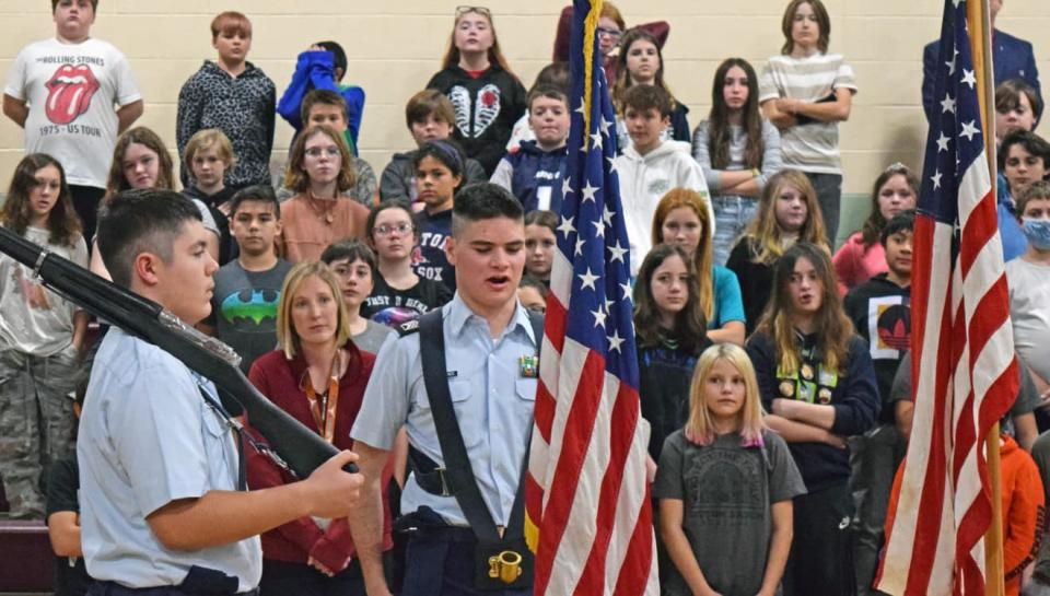 Members of the Spaulding High School Air Force Junior ROTC posted the colors during a ceremony at Rochester Middle School.