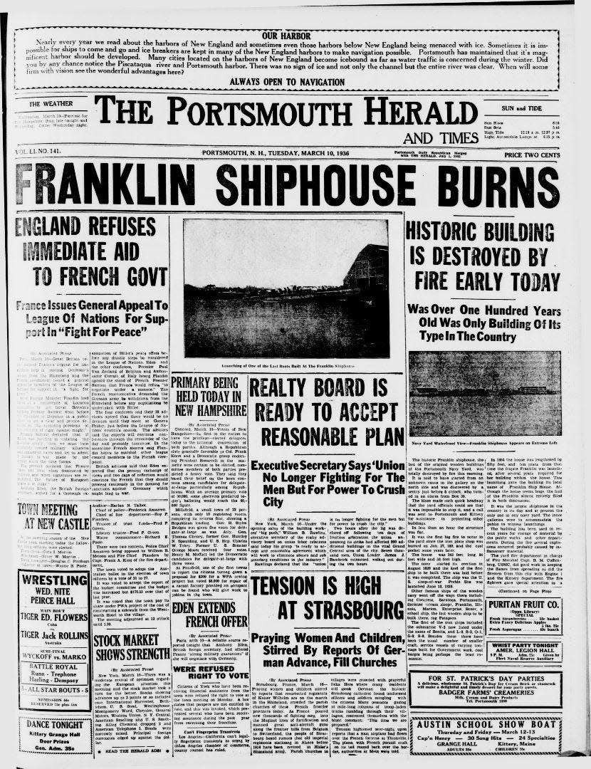 The Portsmouth Herald's March 10, 1936, front page featured a banner headline about the devastating fire at Portsmouth Naval Shipyard's Franklin Shiphouse.