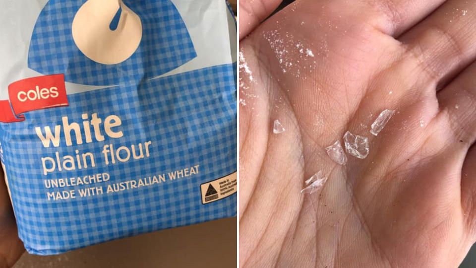 A NSW woman says she found 'bits of glass' in Coles plain flour. Pictured left is the product and the 'glass' in her hand on the right.