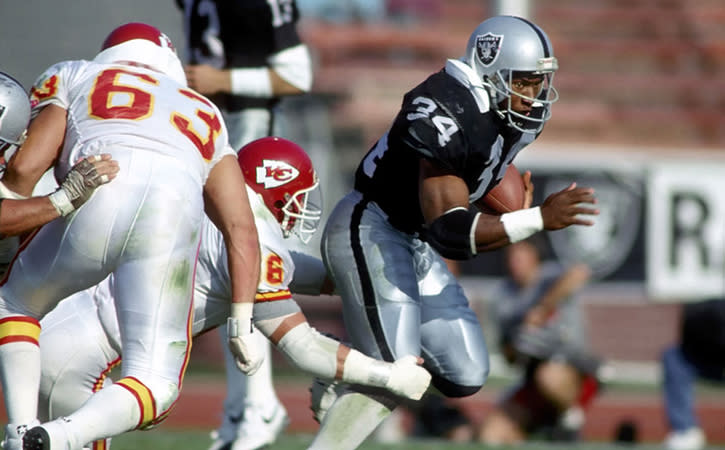 Nov 25, 1990; Los Angeles, CA, USA; FILE PHOTO; Bo Jackson of the Los Angeles Raiders in action against the Kansas City Chiefs at the Los Angeles Coliseum. Mandatory Credit: Photo By USA TODAY Sports