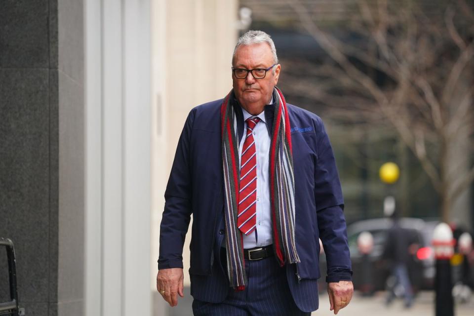 Geoffrey Stunt, the father of James Stunt arrives, at the Rolls Building, in London (Victoria Jones/PA Wire)