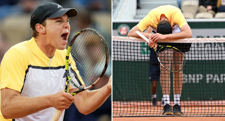 Alex Michelsen cut a frustrated figure as he was crushed by Alex de Minaur at the French Open. Image: AAP

