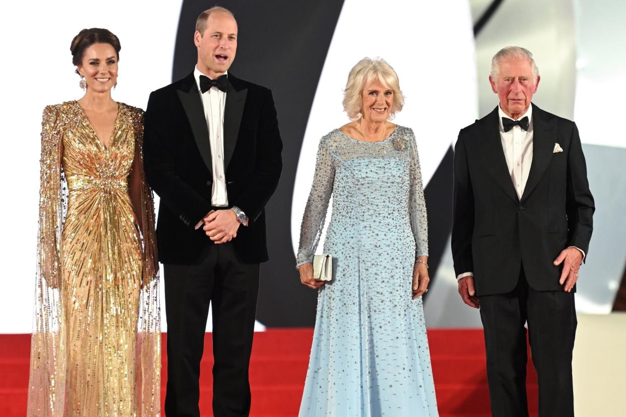 LONDON, ENGLAND - SEPTEMBER 28: (L-R) Catherine, Duchess of Cambridge, Prince William, Duke of Cambridge, Camilla, Duchess of Cornwall and Prince Charles, Prince of Wales attend the "No Time To Die" World Premiere at Royal Albert Hall on September 28, 2021 in London, England. (Photo by Karwai Tang/WireImage)