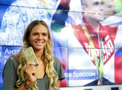 Russia's Olympic medalist Yulia Efimova, who won silver medals for Women's Swimming 100m and 200m Breaststroke, attends a news conference in Moscow, Russia August 24, 2016. REUTERS/Maxim Zmeyev