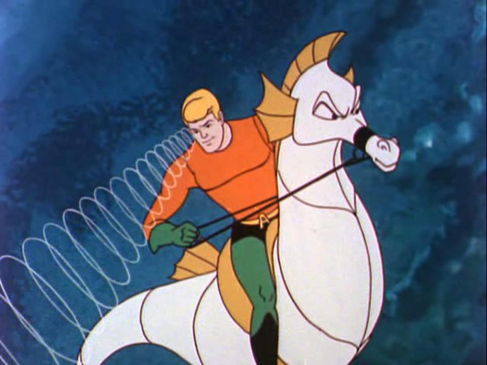 Aquaman in his classic orange and green costume, from the vintage cartoon series. (Image: Filmation)