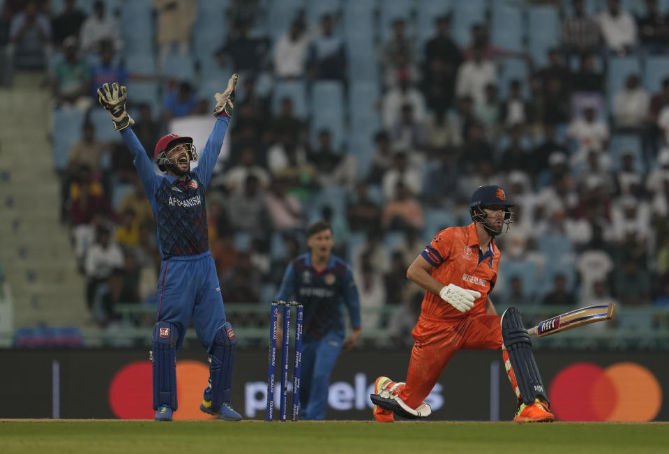 Afghanistan's wicket keeper Ikram Alikhil successfully appeals for the wicket of Netherlands' Paul Van Meekeren during the ICC Men's Cricket World Cup match between Afghanistan and Netherlands in Lucknow, India, Friday, Nov. 3, 2023. (AP Photo/Altaf Qadri)
