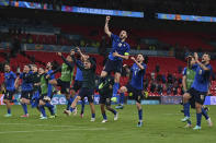 Italia players celebrate end of the Euro 2020 soccer championship round of 16 match between Italy and Austria at Wembley stadium in London in London, Saturday, June 26, 2021. (Ben Stansall/Pool Photo via AP)