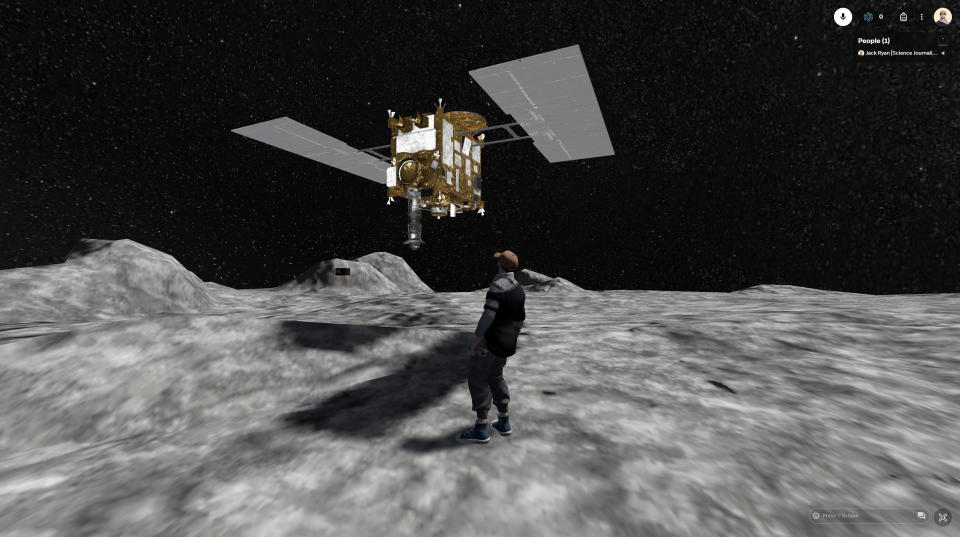 a rendered image of a man standing on the rocky gray surface of an asteroid, looking back at a space probe floating in the distance behind him against a starry sky of space.