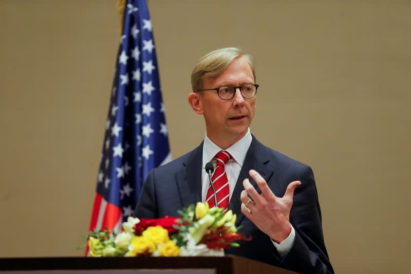 FILE PHOTO: U.S. Special Representative for Iran Brian Hook speaks during a joint news conference with Bahrain Foreign Minister, Dr. Abdullatif bin Rashid Al Zayani, in Manama