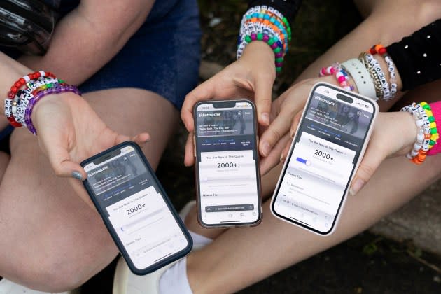 Ticketmaster queues displaying over 2000+ people ahead of Taylor Swift fans waiting outside of her concert at Lincoln Financial Field in Philadelphia, PA on May 13, 2023. - Credit: Rachel Wisniewski/The Washington Post/Getty Images